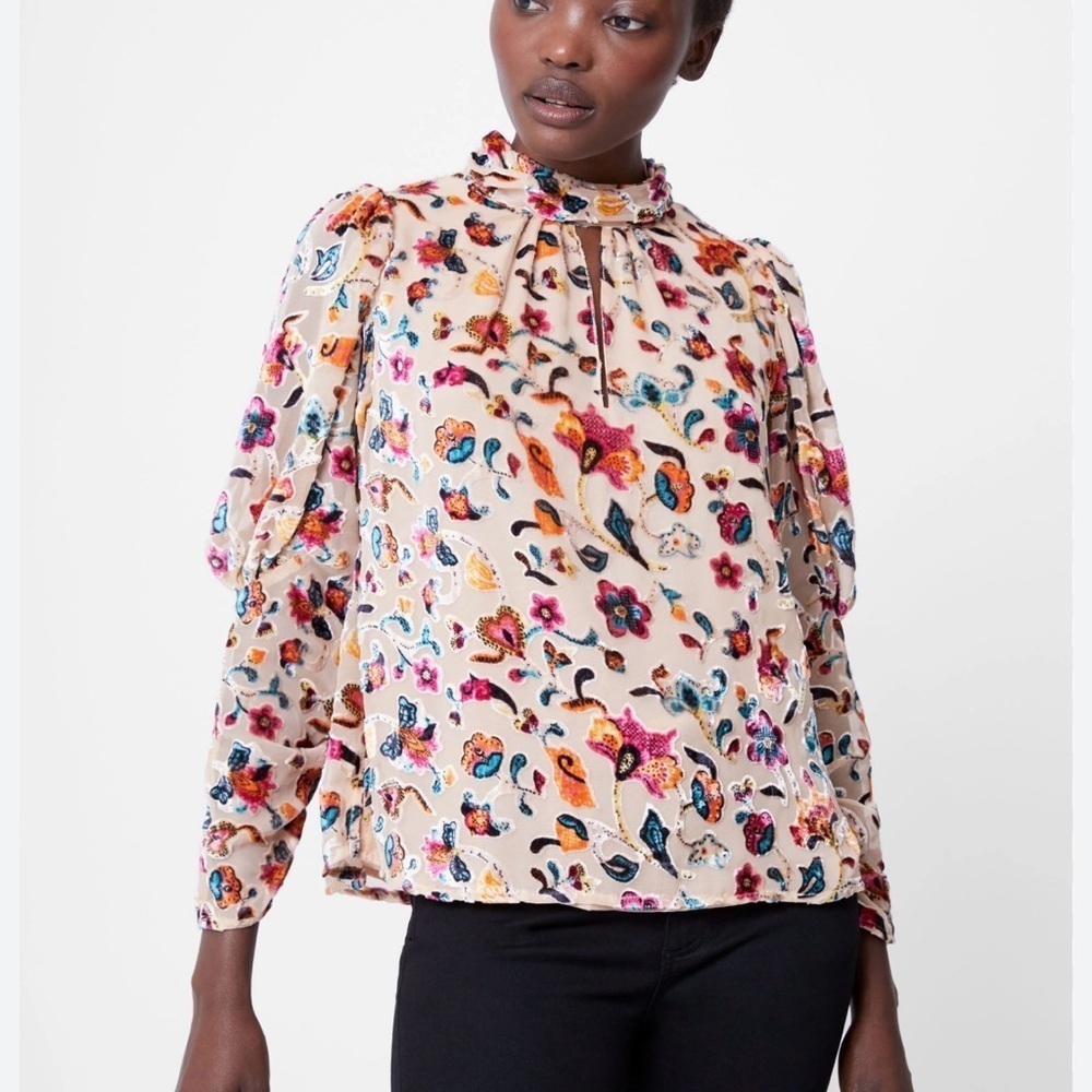 French Connection Mandarin Collar Blouse with Ruffled Puff Sleeves